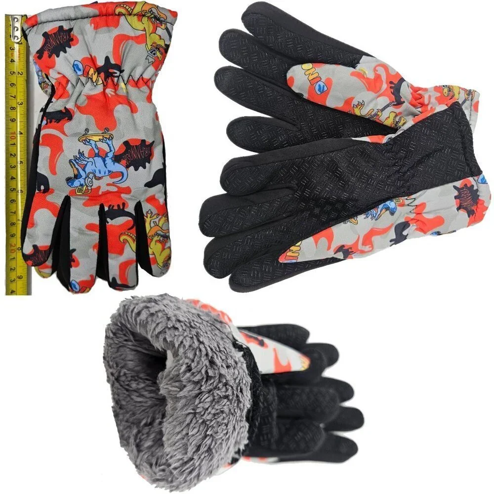 Kids Winter Gloves, Boys Girls Ski Glove,  Faux Fur Lined Dinosaur Designs, Gray